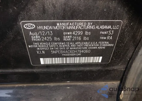 2013 Hyundai Sonata Gls from USA, damaged, VIN 5NPEB4AC6DH794060
